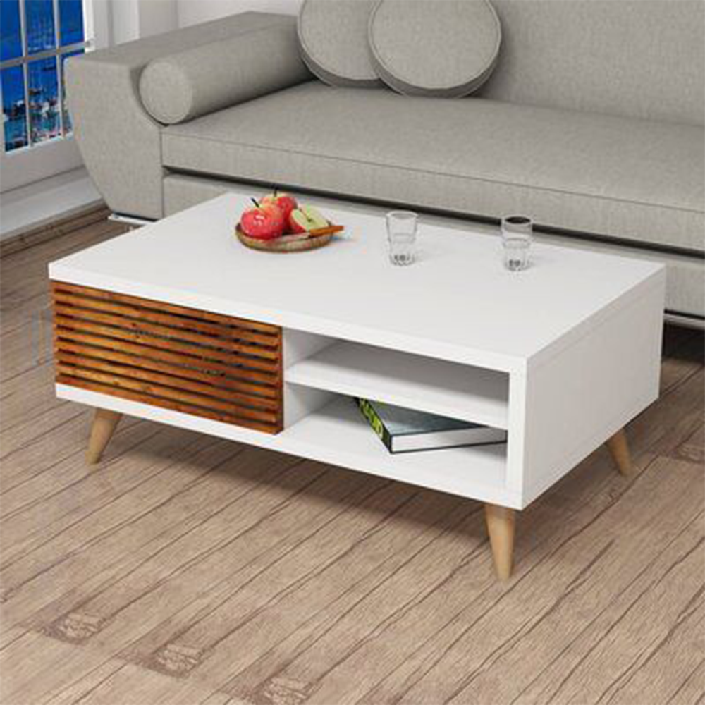 Modern White Coffee Table with Wood Accent & Storage