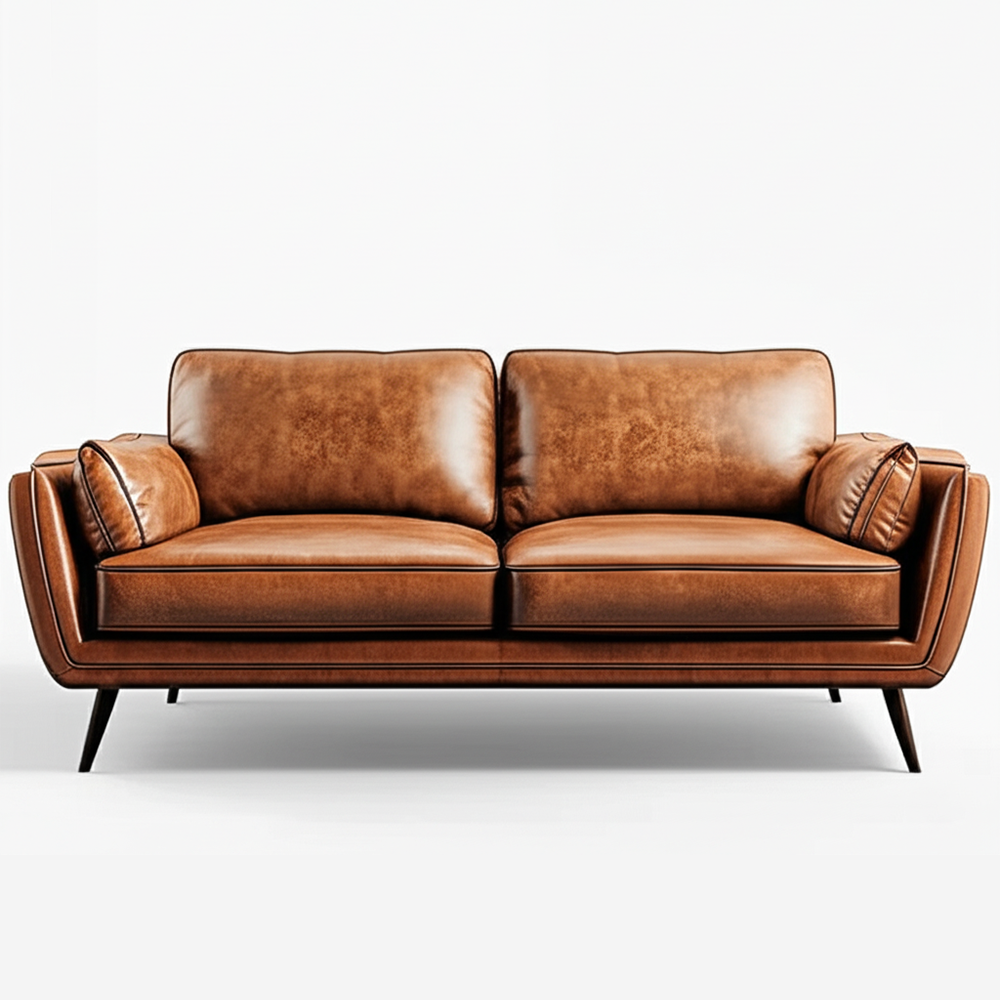 Mid-Century Modern Tan Leather 3-Seater Sofa - Image 2