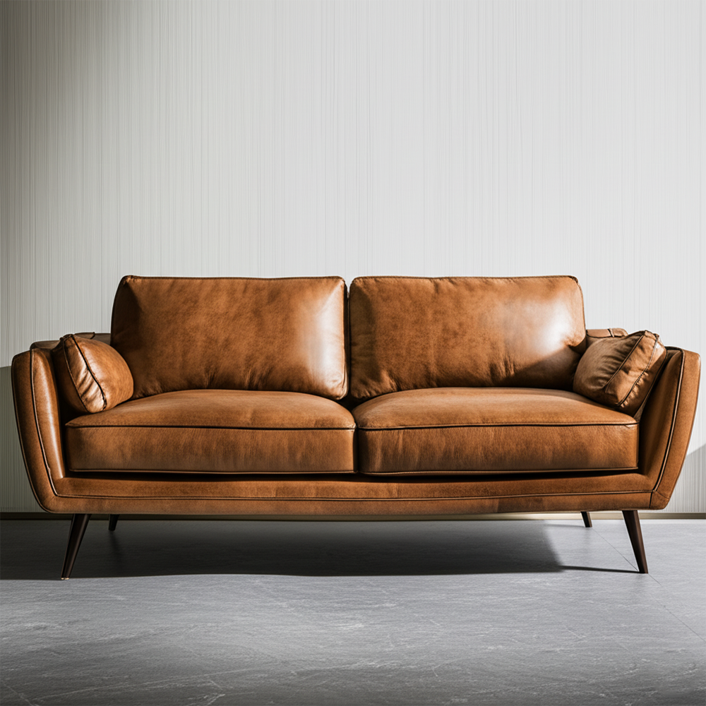 Mid-Century Modern Tan Leather 3-Seater Sofa